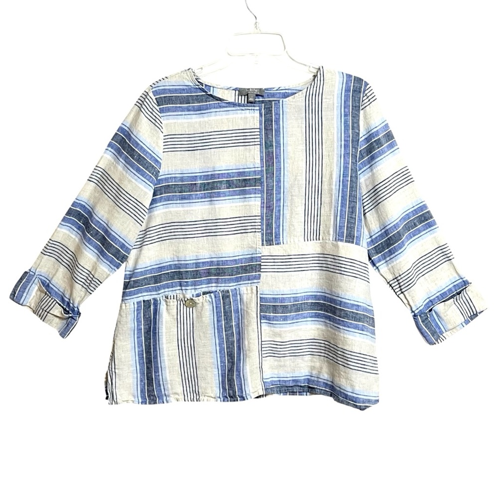 Habitat Lagenlook Linen Blend Artsy Stripe Top Womens S Blue Coastal Grandma